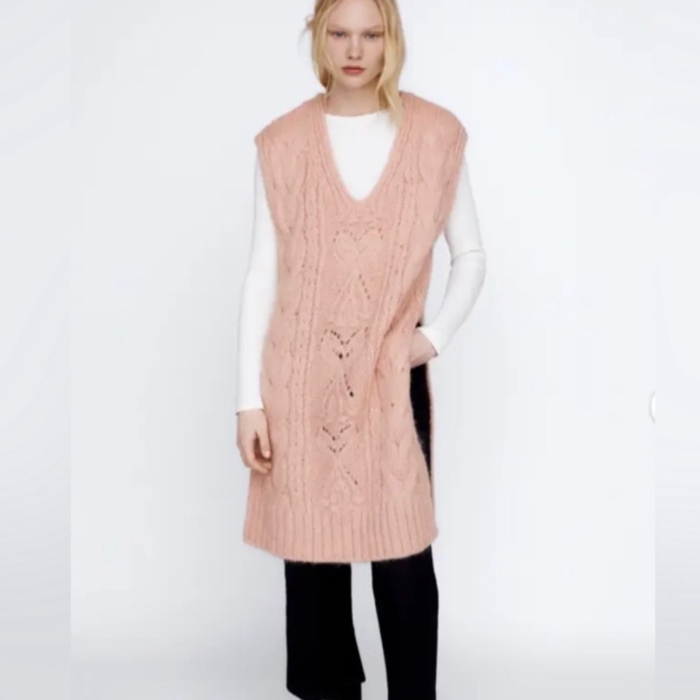 Zara Pink Knit Fuzzy Wool Blend Tunic Sleeveless Sweater Vest